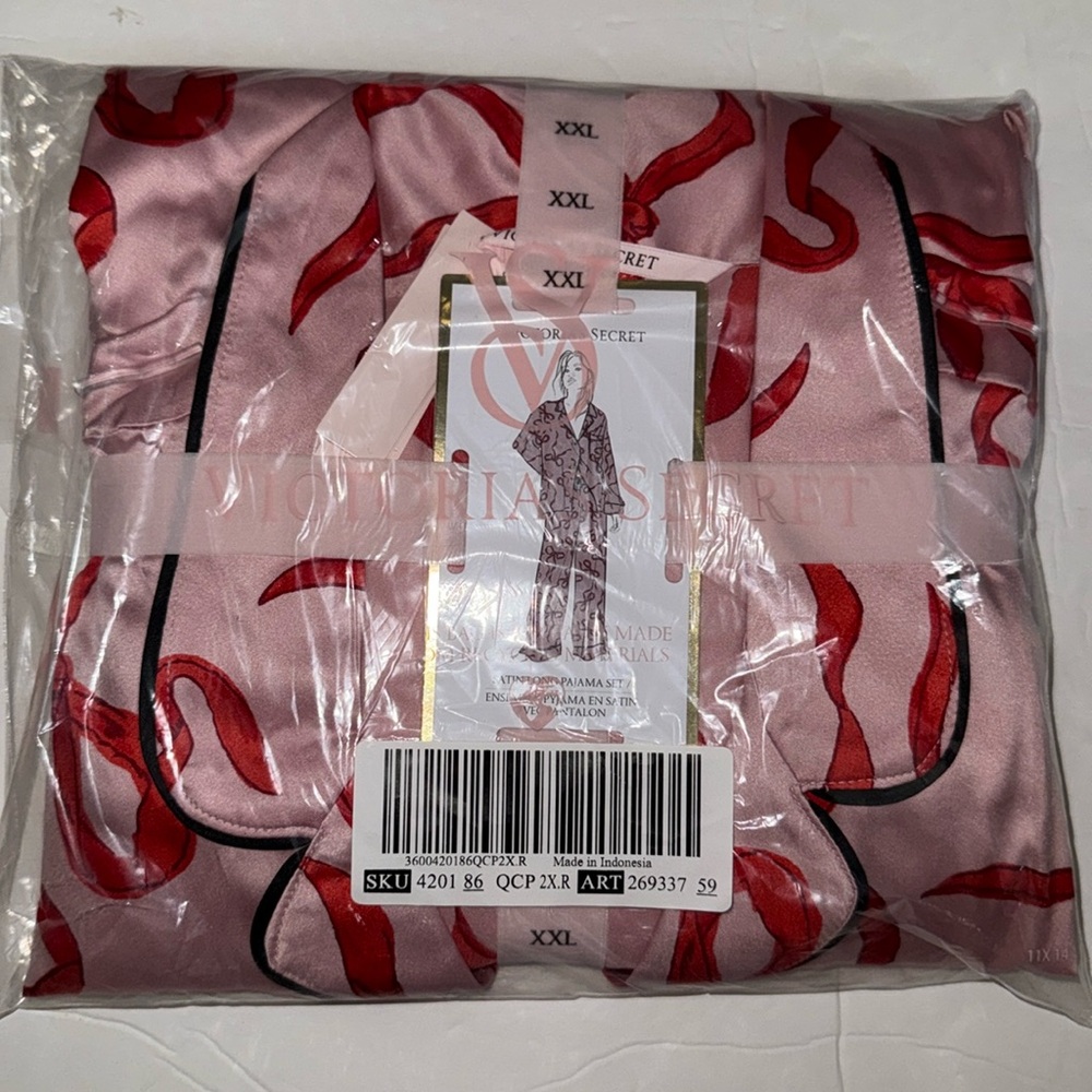 New Victoria's Secret Satin Pajama Set Chalk Rose Bows Pink Red Bows Sz 2XL XXL